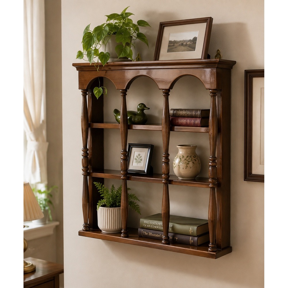 Vintage Wood Wall Shelf 3 Tier Turned Spindle Display Curio Knick Knack Shelf
